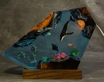 Orca Whale Resin Lamp with Turtles & Coral Reef, Ocean Night Light, Marine Life Decor, Birthday Gift