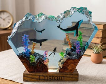 Humpback Whale Resin Lamp with Diver, Ocean LED Coral Night Light, Handmade Epoxy Sculpture Lamp, Unique Ocean Lover Gift, Custom Wood Light