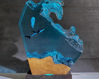 Whale Shark Resin Ocean Lamp with 3D Wave - Epoxy Night Light Sea Theme - LED Handmade Gift for Marine Life Lovers