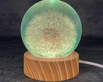 Dandelion Resin Globe Lamp – Real Dandelion LED Night Light with Wooden Base, Minimalist Nature Decor, Unique Gift Idea