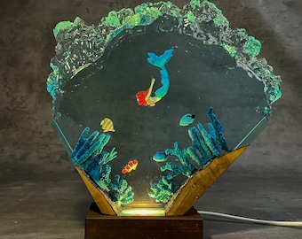 Mermaid Resin Lamp – Handmade Ocean Light with Coral Reef & LED Glow – Underwater Fantasy Decor Gift, Customizable