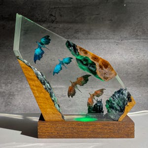 Dragon Resin Lamp – Epoxy Fantasy Fire Dragon Light, LED Castle Night Light, Handmade Gift for Him, DnD Room Decor, Dragon Figurine Lamp