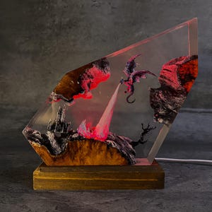 Blue Dragon Resin Lamp with Castle | Fantasy Fire-Breathing Dragon Epoxy Night Light | Handmade LED Lamp for Mythical Decor Lovers