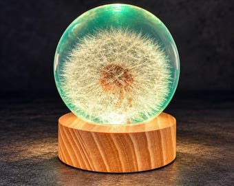 May include: A spherical resin paperweight containing a white dandelion seed head, illuminated with a soft teal glow. The sphere is mounted on a cylindrical light-coloured wooden base with visible grain patterns, creating a decorative display piece.