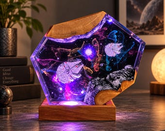 Millennium Falcon Resin Lamp – Galaxy Epoxy Space Light, Starship LED Lamp, Star Wars Decor, Handmade Sci-Fi Gift for Him