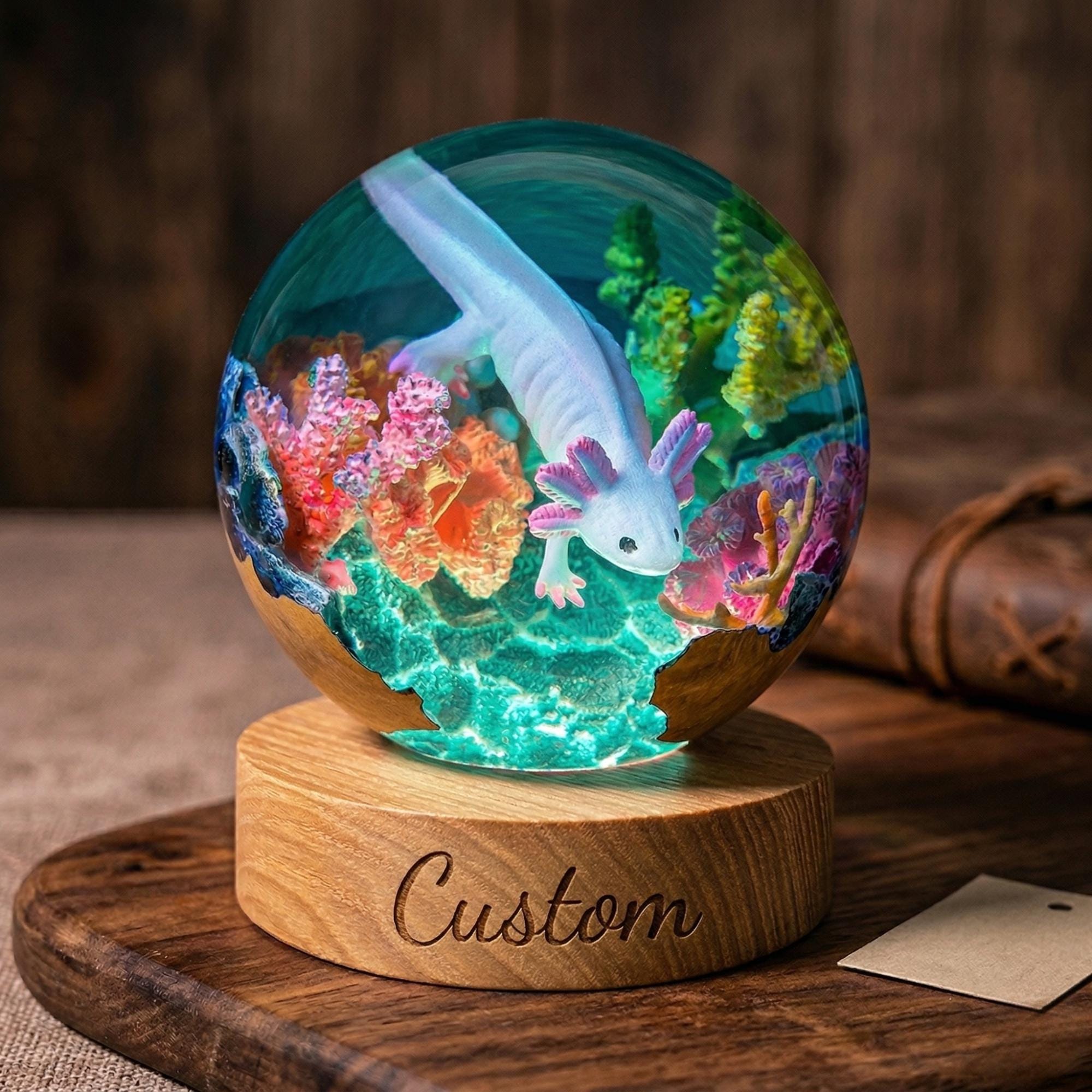 Axolotl Resin Globe Lamp, Cute Aquarium LED Night Light, Handmade