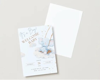 Elephant Baby Shower Invitation, Blue Swing, Editable Template