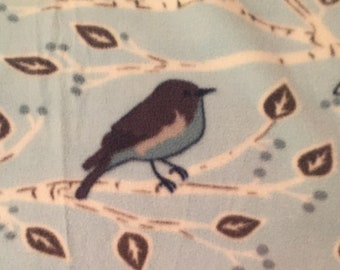 Birds Perching on Branches on Blue with Gray Handmade Blanket - This Blanket Ready to Ship NOW