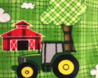 John Deere Tractor at a Farm with Gray Fleece Blanket - This Blanket is Ready to Ship Now
