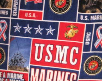 Marine Emblems, Logos and Sayings All Over with Blue Lap Car Bed Coverlet - This Blanket is Ready to Ship NOW