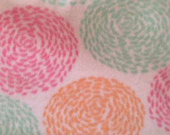 Circles in Pink, Green, Orange Pastels on White with Dark Green 2 Layer Blanket - Ready to Ship Now