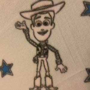 May include: A white and black cartoon illustration of Woody from Toy Story, wearing a cowboy hat and a sheriff's badge. He is waving with his right hand and smiling. The background is a light blue with blue stars.