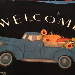 Welcome to Our Patch - Pick Up Truck with Pumpkins and Bright Flowers in the Back with Gray Fleece Blanket - Ready to Ship NOW