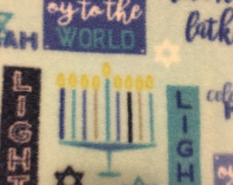 Hanukkah Sayings and Symbols in Blues with Dark Blue Fleece Handmade Throw - This Blanket is Ready to Ship NOW