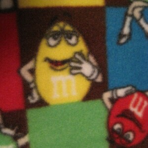 M and M&#39;s in Many Colors in Squares with Green Fleece Blanket - This Blanket is READY to Ship NOW