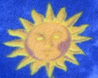 Suns on Blue with Gold Handmade Fleece Blanket - This Blanket is Ready to Ship Now