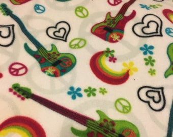 Guitars in Many Designs and Colors on White with Maroon Handmade Fleece Blanket - This Blanket is Ready to Ship NOW
