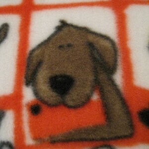 May include: A brown and white dog with a black nose is featured on a white background with orange stripes. The dog is looking to the right of the image.