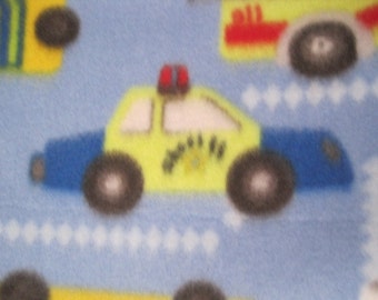 Police Cars, EMT Vans and Firetrucks on Blue with Black Fleece Blanket