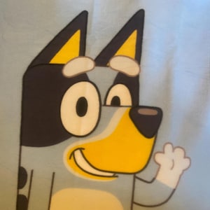 Bluey a Dog Cartoon Character Waving with His Name on Light Blue with Dark Blue 2 Layer Fleece Blanket