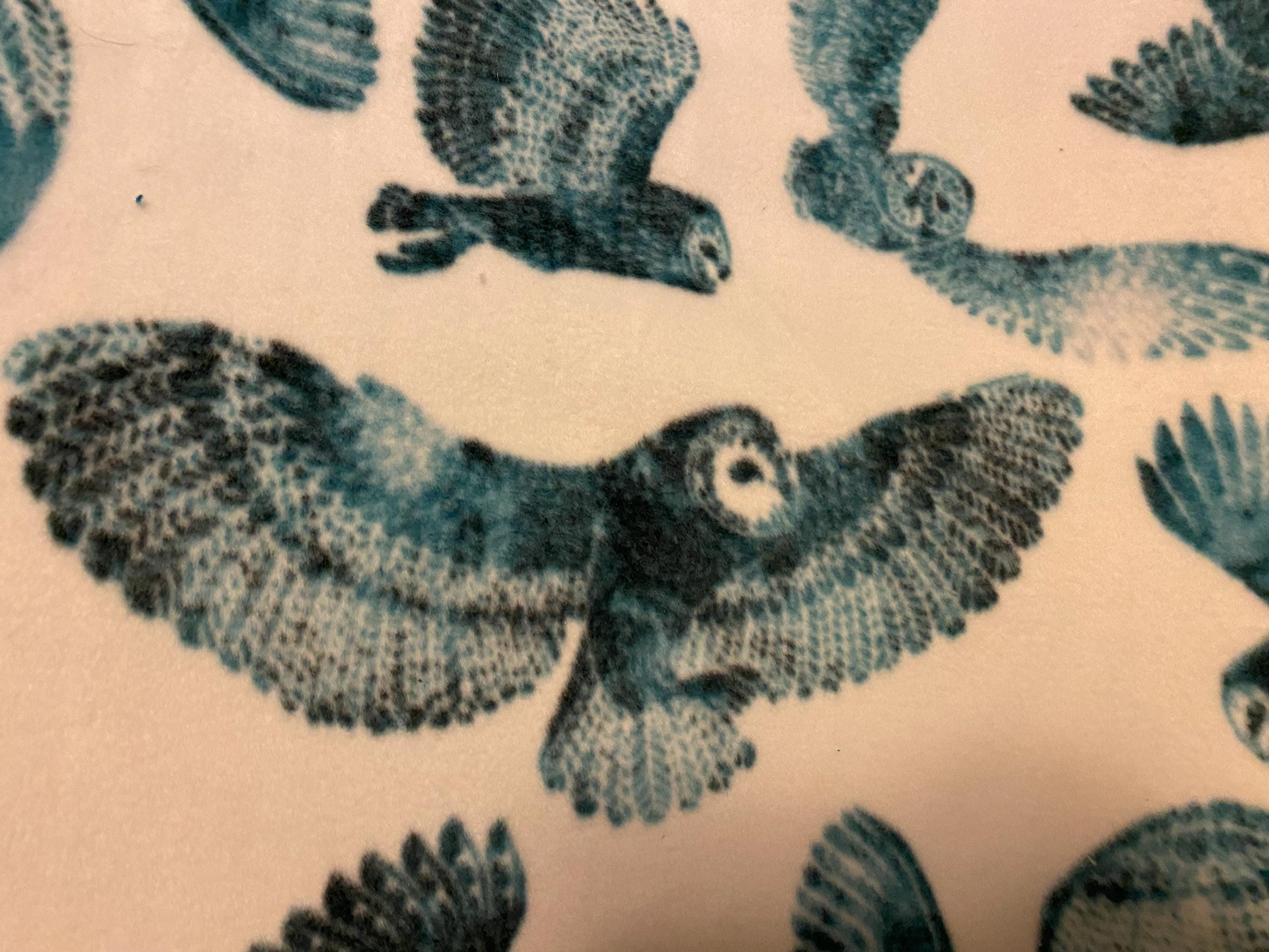 Owls Aqua Flying on White with Dark Aqua Fleece Blanket - This Blanket is Ready to Ship Now