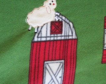 Barns, Picket Fences and Fluffy Sheep on Green with Red Fleece Blanket - This Blanket is Ready to Ship NOW