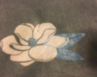 White with a Touch of Blue Flowers on Gray with Blue Coverlet Fleece Blanket - This Blanket is Ready to Ship NOW