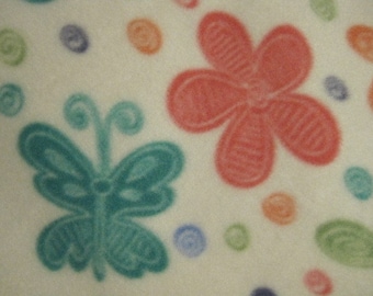 Fleece Handmade Blanket - Pastel Flowers and Pretty Butterflies on White with Pink - Ready to Ship Now