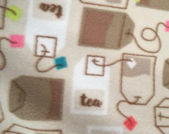 Tea Bags All Over on White with Brown Fleece Blanket - Ready to Ship Now