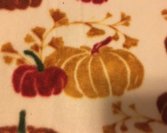 Pumpkins - in Many Sizes and Many Colors - on White with Rusty Brown Handmade Fleece Blanket - This Blanket is Ready to Ship NOW