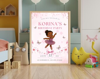 Invito di compleanno a tema ballerina: festa di balletto con tutù rosa (download digitale, modello Canva 5x7")