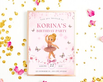 Invito di compleanno per ballerina: festa di balletto rosa, modello Canva modificabile (download digitale)
