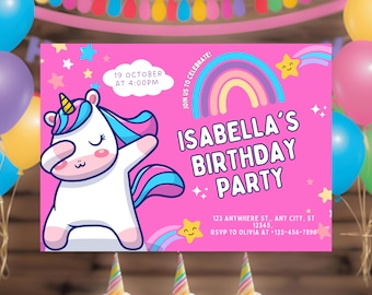 Divertente invito di compleanno a tema unicorno: festa arcobaleno, modello modificabile (download digitale)