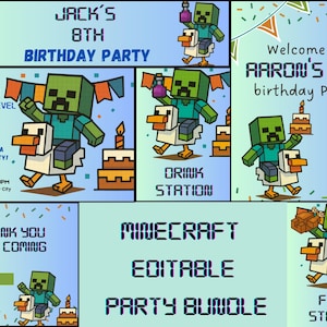 Fully Editable Game Birthday Bundle Package Invitación editable, Digital Kids Party Invite Invitation Card Templates, Sign Minecrafter Block