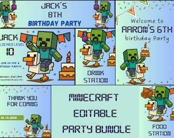 完全に編集可能なゲーム誕生日バンドルパッケージ招待状、デジタルキッズパーティー招待状テンプレート、Minecrafterブロックのサイン