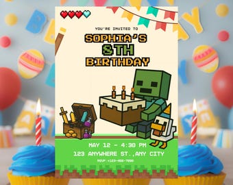 Modello modificabile per biglietto d'invito per compleanno di videogiochi, Invitación Cumpleaños modificabile, Invito per feste digitali per bambini, Canva, Miniera a blocchi 7x5