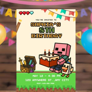 Editable Videogame Birthday Invitation Card Template, Invitación Cumpleaños editable, Digital Kids Party Invite, Canva, 7x5 Block Mine