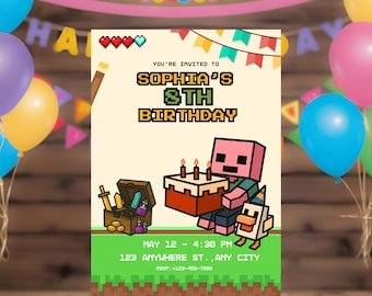 Modello modificabile per biglietto d'invito per compleanno di videogiochi, Invitación Cumpleaños modificabile, Invito per feste digitali per bambini, Canva, Miniera a blocchi 7x5
