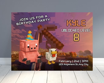 Modello di biglietto d'invito di compleanno per videogiochi modificabile, Invitación Cumpleaños modificabile, Invito a una festa digitale per bambini, Canva, Miniera 7x5