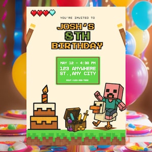 Editable Videogame Birthday Invitation Card Template, Invitación Cumpleaños editable, Digital Kids Party Invite, Canva, 7x5 Pink Block Mine