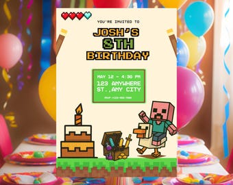 Modello modificabile per biglietto d'invito per compleanno di videogiochi, Invitación Cumpleaños modificabile, Invito per feste digitali per bambini, Canva, Miniera a blocchi rosa 7x5