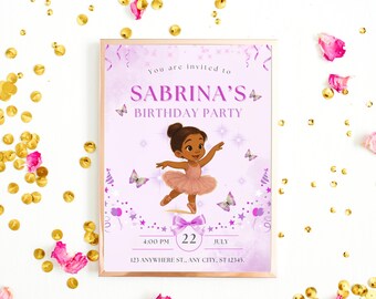 Invito di compleanno a tema ballerina modificabile: festa da ballo rosa e viola (download digitale)