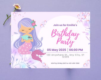 Invito di compleanno modificabile a tema sirena: festa sottomarina (modello Canva, PDF 5x7")