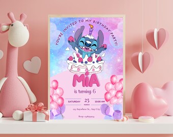 Modello di invito di compleanno di Purple Stitch: invito modificabile per festa per bambini (download digitale, 5 x 7 pollici, design Canva)