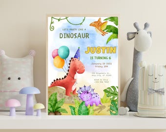 Invito di compleanno a tema dinosauro acquerello: invito modificabile per la festa del T-Rex (download digitale)