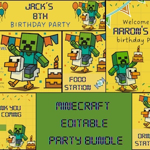 Editable Videogame Birthday Bundle Package Invitación Cumpleaños editable, Digital Kids Party Invite Invitation Template, Welcome Sign Mine