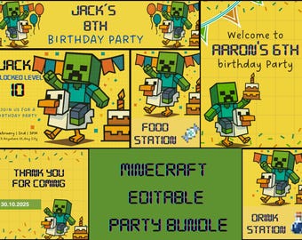 Pacchetto pacchetto compleanno videogioco modificabile Invito Cumpleaños modificabile, modello di invito invito festa digitale per bambini, segno di benvenuto mio