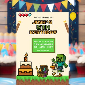 Editable Videogame Birthday Invitation Card Template, Invitación Cumpleaños editable, Digital Kids Party Invite, Canva, 7x5 Block Mine
