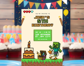 Modello modificabile per biglietto d'invito per compleanno di videogiochi, Invitación Cumpleaños modificabile, Invito per feste digitali per bambini, Canva, Miniera a blocchi 7x5