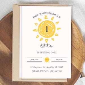 Cute Sun 1st Geburtstagseinladung, Geburtstagseinladungskartenvorlage, Invitación Columpleaños editierbar, Digital Kids Party Invite, Canva, 5x7